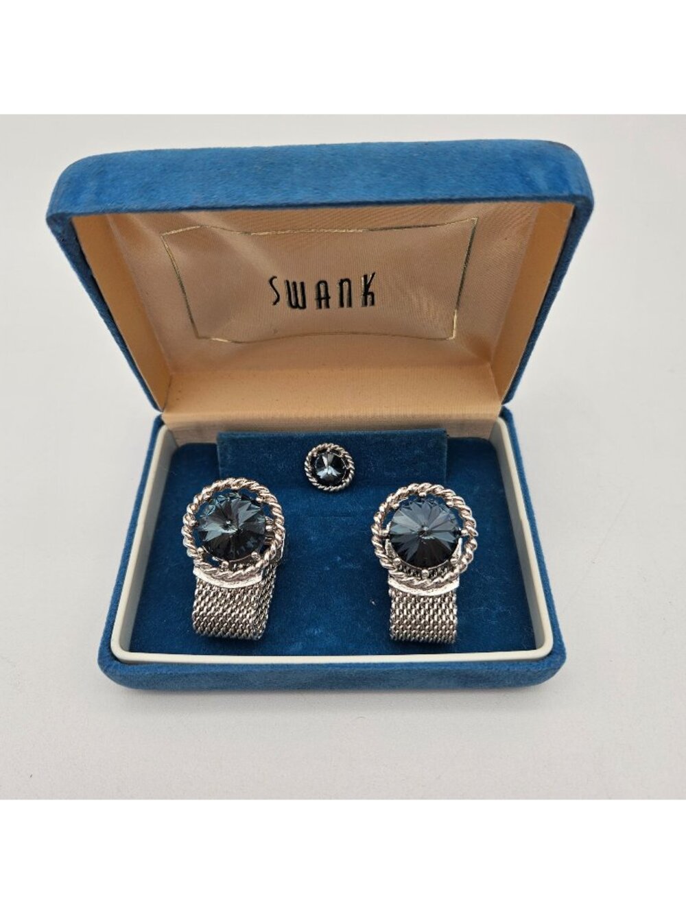 Vintage Swank Silver Tone Blue Rivoli Wrap Around Cufflinks Tie Tack Set Boxed